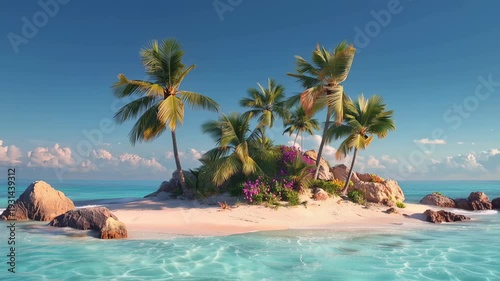 Tropical island background animation video with bright sky and clear water in seamless looping format for vibrant visuals