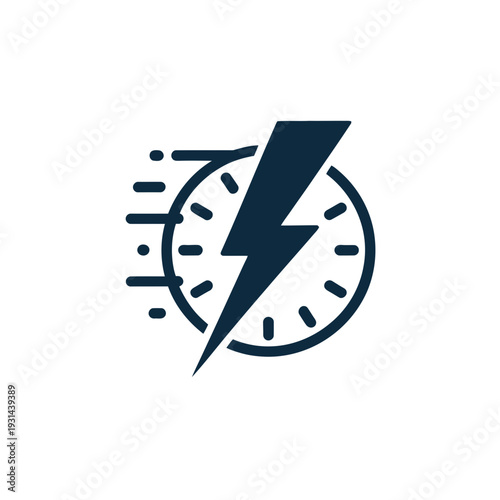 A dark blue icon of a clock with a lightning bolt