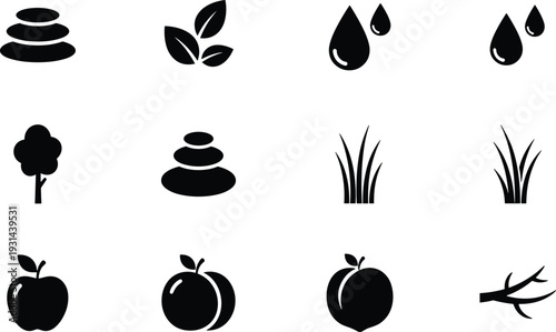 Nature and spa icons set with leaves water drops stones grass fruits and tree silhouettes vector illustration