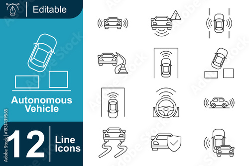 Autonomous Vehicle Line Icons Set Smart Driving Technology, Automated Cars, Sensor Systems, Parking Assist, Safety Features, AI Navigation