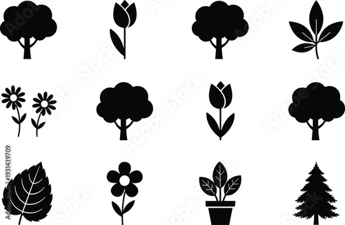 Tree and flower icons set with leaves potted plant and evergreen silhouettes vector illustration isolated background