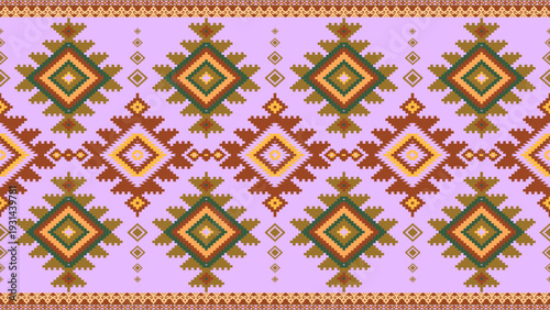 Traditional Southeast Asian ikat weaving pattern with geometric diamond shapes on a lavender background. Ideal for ethnic textile design, tribal fabric, and cultural craft projects.