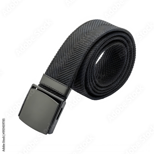 Rolled black tactical canvas web belt featuring a sleek modern metal slide buckle isolated on transparent background.