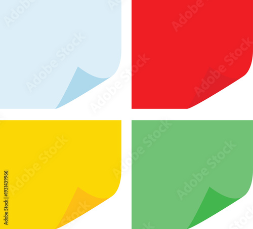 Blank page with curled edge corner and shadow, rolled up stickers set, peel banners, bent sheet, page curl with shadow on blank sheet, curled page corner isolated

