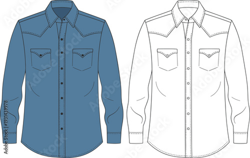 Long sleeve denim shirt technical flat sketch, front view blue and outline template, mens western style apparel CAD drawing vector
