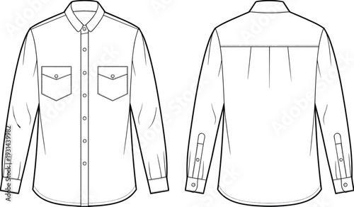 Mens long sleeve button down shirt technical flat sketch, front and back view outline template, apparel CAD vector