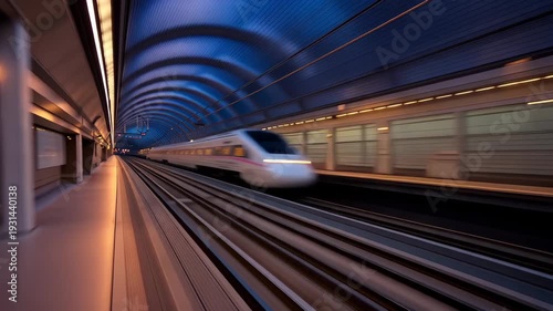 High speed train travels through a tunnel at dusk with motion blur showing the speed of the scene