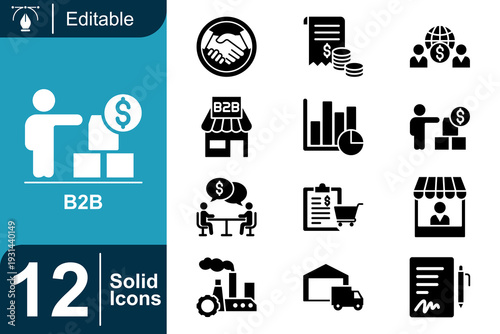 B2B Business Concept Icons Set Representing Partnership, Commerce, Transactions, Sales, and Partnership Growth in Modern Business