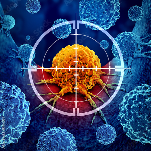 Detecting Cancer screening and detection as a treatment for malignant cells with a biopsy or testing caused by carcinogens and genetics with a cancerous cell as an immunotherapy symbol.