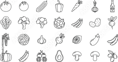 Vegetable Icons Set, Fresh Farm Produce Line Art, Tomato Carrot Broccoli Pepper Cucumber Icons, Healthy Food Vector Collection Illustration