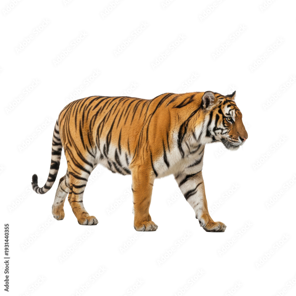 Fototapeta premium A majestic bengal tiger, striking orange and black stripes, defined musculature, walking mid-stride in a clean side view against a shadowless high-key white studio, isolation and elegant power concept