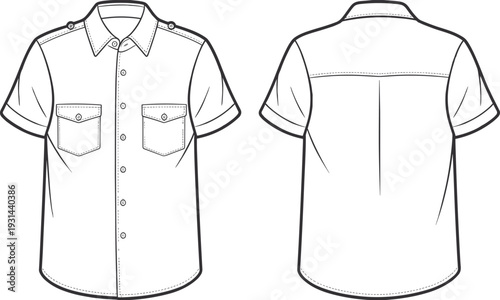Mens short sleeve military style shirt technical flat sketch, front and back view outline template, apparel CAD vector
