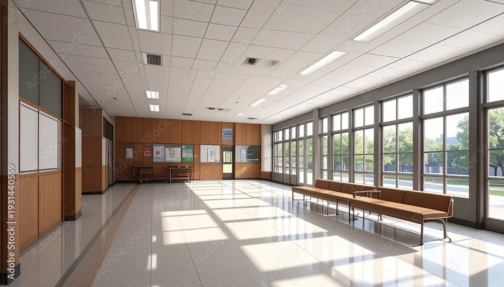 Obraz premium Bright School Hallway with Natural Light and Seating Area