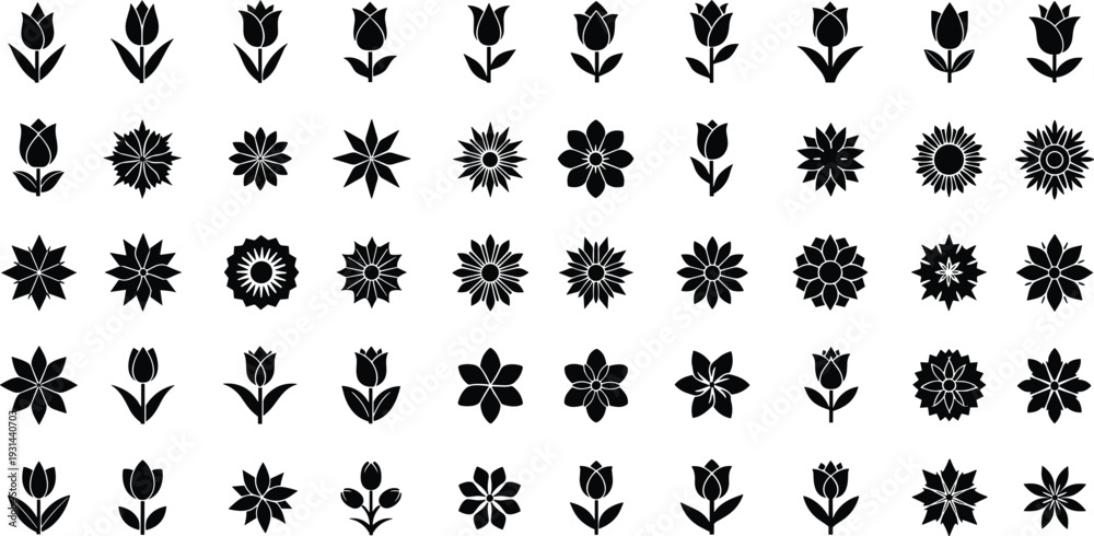 Fototapeta premium Collection of black flower silhouettes including tulips and various floral blooms for spring garden patterns decorative botanical art nature logos and wedding stationery design