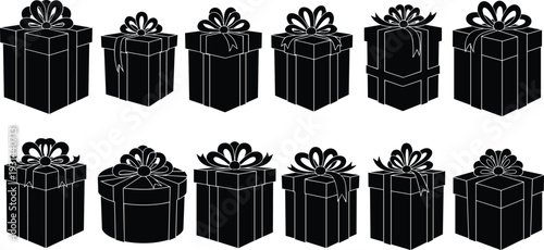 Collection of black gift box silhouettes with decorative ribbons and bows for Christmas birthday anniversary celebrations holiday surprises and retail shopping graphic design elements