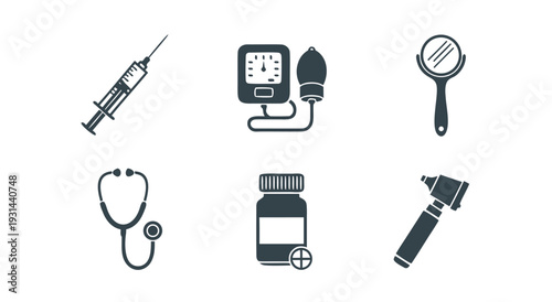 Healthcare Icons Vector Illustration Syringe, Stethoscope, Blood Pressure Monitor, Mirror, Medicine Bottle, and Otoscope