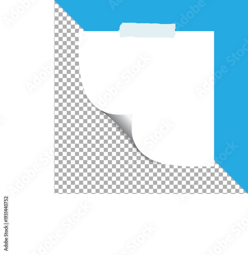 Blank white sticky note with folded bottom corner and adhesive tape strip. Minimalist design element for reminders and messages. Clean aesthetic with blue frame and transparent section.