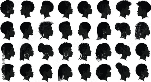 Collection of black silhouette profiles featuring diverse African American men and women with natural hairstyles braids afros and dreadlocks for identity and community representation