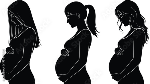Collection of black silhouettes of pregnant women in profile featuring various hairstyles for maternity health care motherhood concepts pregnancy journey and family planning design