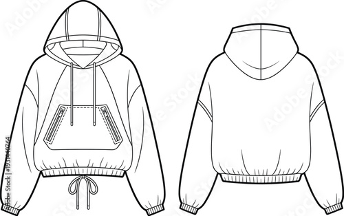 Womens oversized hoodie technical flat sketch, front and back view outline template, casual streetwear apparel CAD vector