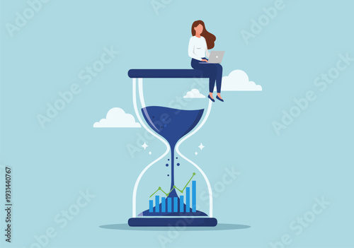 Business growth graph in hourglass with woman working on laptop vector illustration representing success and productivity