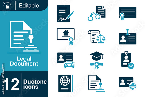 Set of 12 duotone icons related to legal documents, identification, and official papers, perfect for business and official use