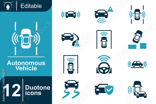 Collection of 12 duotone icons representing various aspects of autonomous vehicle technology and features, including parking, sensors, and driving assistance