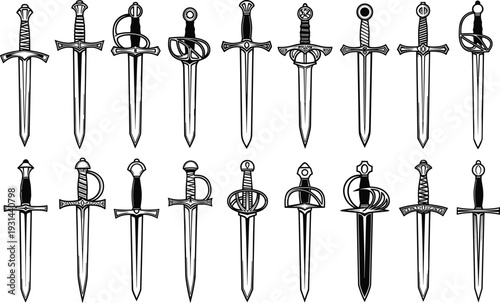 Collection of black sword silhouettes featuring medieval longswords daggers rapiers and fantasy blades for historical weaponry graphic design gaming assets and martial arts tattoo elements