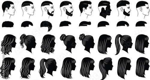Diverse collection of male and female hairstyle silhouettes featuring modern haircuts, bearded men profiles, elegant long hair, ponytails, buns, and salon fashion vector icons for beauty branding.