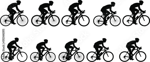 Diverse collection of professional male cyclist silhouettes in various racing poses featuring road bikes, helmets, and athletic gear for sports competition and fitness vector designs.