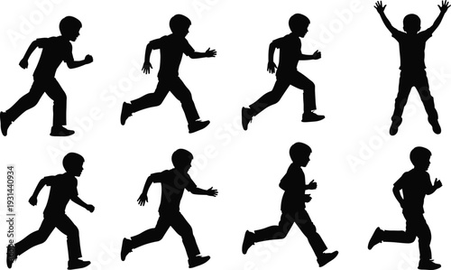 Diverse collection of young boy silhouettes running and jumping in various active poses for childhood play, sports, energy, and school physical education vector designs.