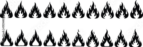 Large collection of black fire flame silhouettes and campfire sparks vector icons isolated on white for hot heat branding, gas energy, and bonfire design.