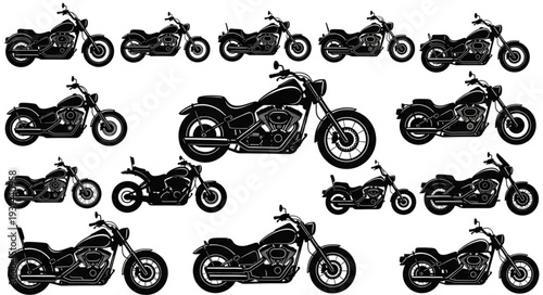 Collection of Various Motorcycle Silhouettes on White Background.