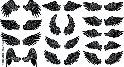 Large collection of black wing silhouettes including angel bird and eagle wings for tattoo designs heraldry mythology fantasy art and decorative graphic design elements