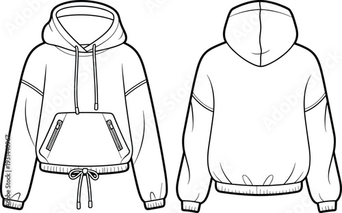 Womens cropped hoodie sweatshirt technical flat sketch, front and back view outline template, casual apparel CAD vector