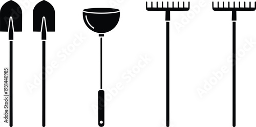 Garden tools silhouettes set, shovel rake and hoe black vector icons isolated on white background for landscaping design