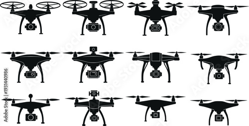 Large Collection of Modern Drone Silhouettes with Cameras and Quadcopter Icons for Aerial Photography and Video Production Isolated on White Background Vector Illustration Set