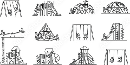 Set of playground equipment line icons featuring children playing on swings slides seesaws climbing frames and jungle gyms for park and school designs