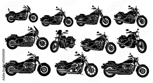 Collection of Detailed Motorcycle Illustrations in Black and White.