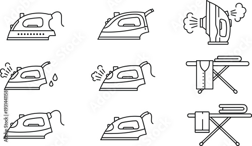 Vector Outline Icon Set of Modern Steam Irons and Ironing Boards with Clothes Including Laundry Equipment and Household Appliances Isolated on White Background Graphic