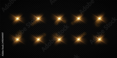 Glowing Golden Star Light Effect with Sparkle Rays and Lens Flare Illumination on Transparent Background