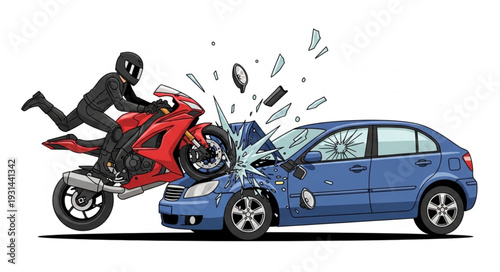Motorcycle Crash into Blue Car Accident.
