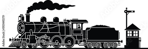 Steam locomotive silhouette with railway signal and station, vintage train black vector illustration isolated on white background