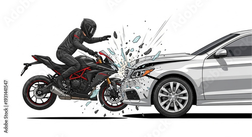 Motorcycle Crash with Car Accident Scene.