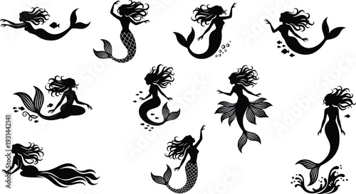 Mermaid silhouettes collection set, fantasy siren characters in black vector illustration, underwater mythical female figures isolated on white background