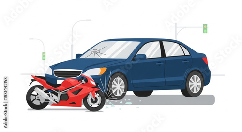 Motorcycle Colliding with Blue Car.