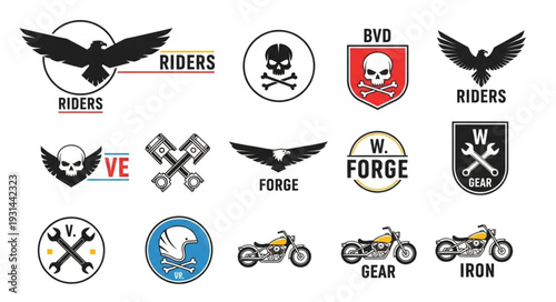 Collection of motorcycle club emblems and logos.