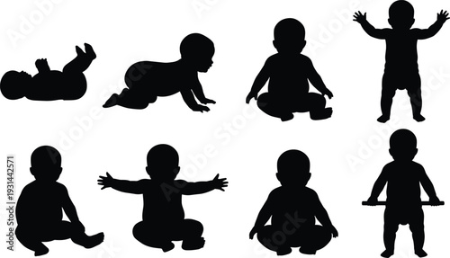 Baby, silhouette, collection, infant, toddler, crawling, sitting, standing, child, black, isolated, vector, illustration, cute, newborn, growth, stages, set, bundle, icon