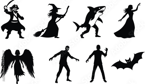 Halloween, character, silhouettes, collection, pirate, witch, shark, ghost, angel, zombie, vampire, bat, horror, spooky, black, isolated, vector, illustration, set, bundle