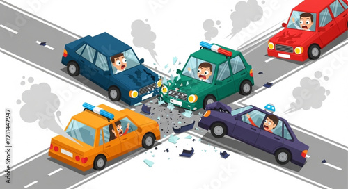 Multiple Cars Colliding on Road.